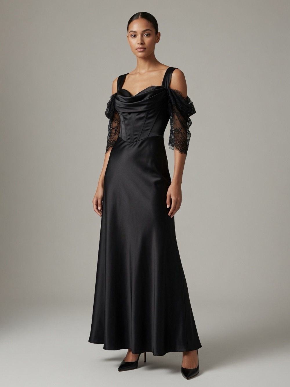 Black Satin Off-Shoulder Lace Sleeve Corset Gown